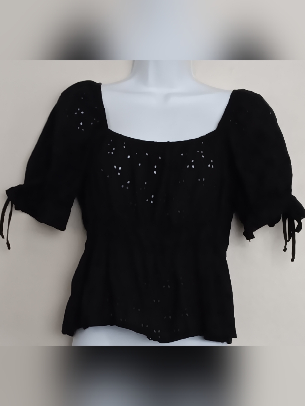 Wild Love Women's Black Puff Sleeve Eyelet Baby Doll Top Square Neck Sz XL  Y2K